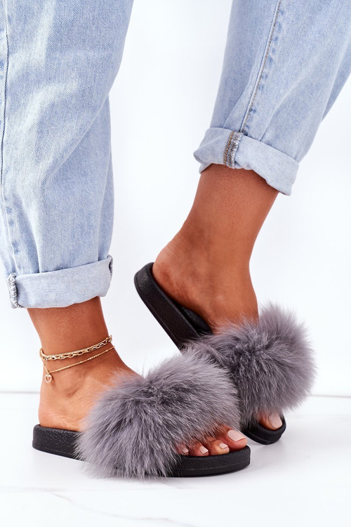 Damskie Klapki z Futerkiem Ciemnoszare Belmondo