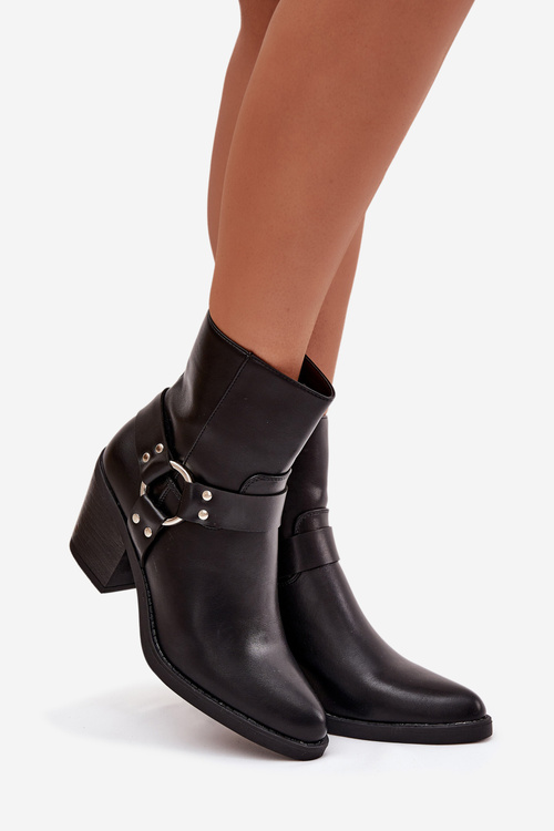 Ocieplane Botki Damskie Na Słupku Z Ozdobnym Elementem Czarne Jurelle