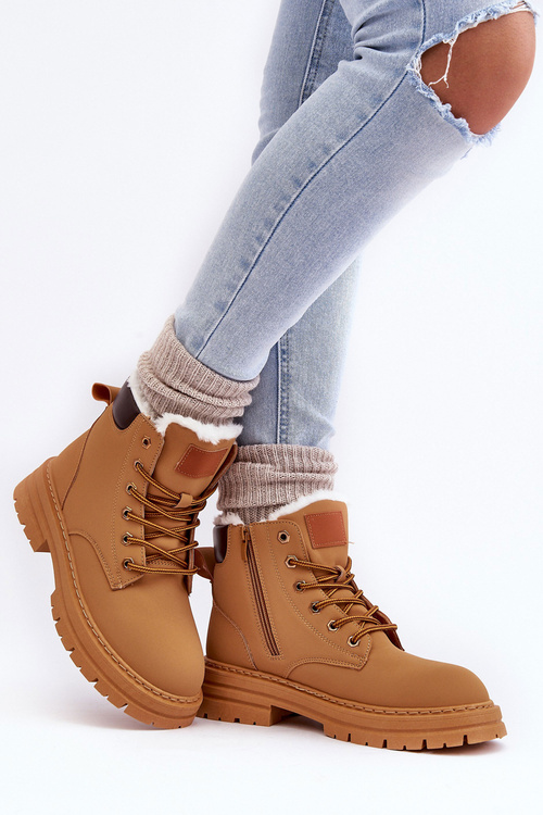 Damskie Trapery Ocieplane Futerkiem Camel Fenan