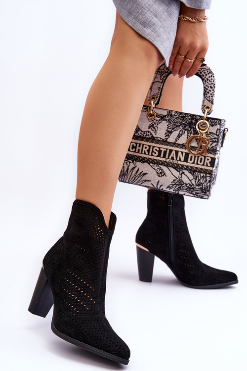 Ażurowe Zamszowe Botki Na Słupku Czarne Logan