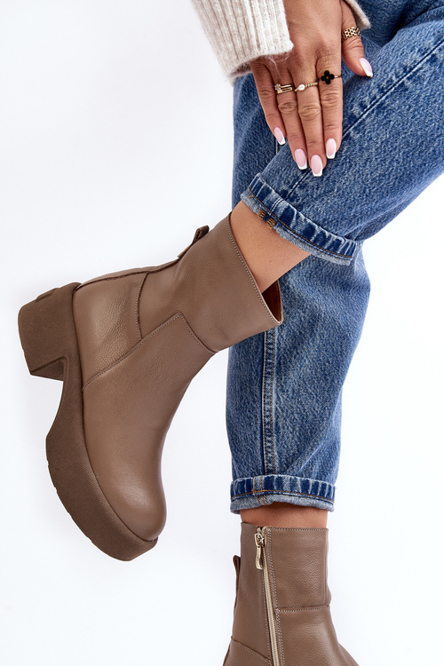 Skórzane Botki Na Niskim Obcasie Ciemnobeżowe Lemar Volavola