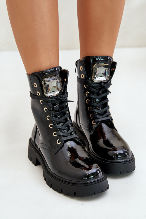 Lakierowane Botki Workery Ocieplane Z Ozdobą Czarne Depisa