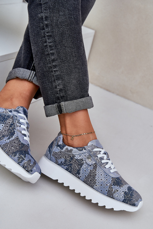 Zamszowe Wzorzyste Buty Sportowe Na Platformie Z Brokatem D&A LR51-635 Niebieskie