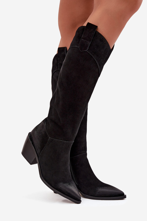 Kozaki Kowbojki Damskie Na Obcasie Z Naturalnego Zamszu Artiker 57C0232 Czarne