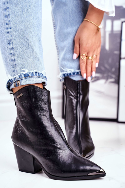 Botki Damskie Na Słupku Skórzane Big Star Czarne GG274919