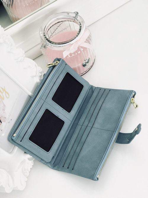 Duży Damski Niebieski Portfel Złote Okucia