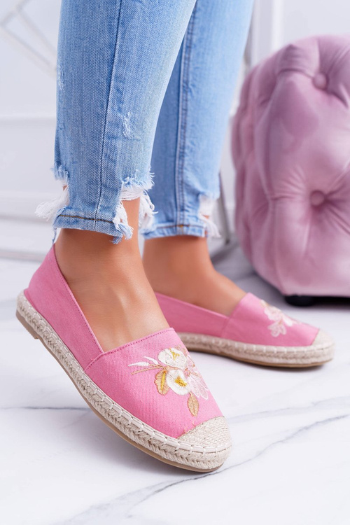 Materiałowe Różowe Damskie Espadryle Slip On Kwiaty Wild