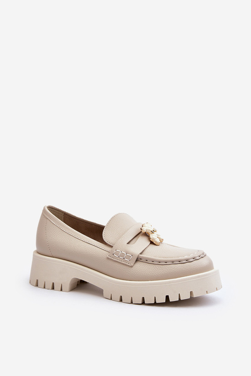 Skórzane Półbuty Mokasyny Z Misiem CheBello 4291 Jasnobeżowe