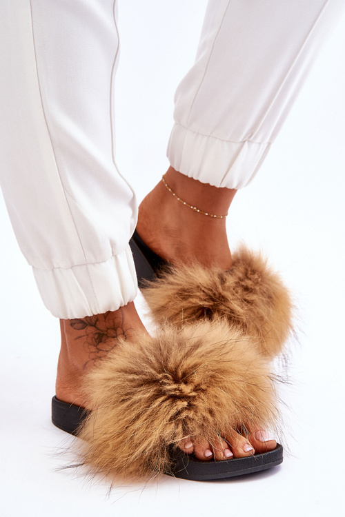 Damskie Gumowe Klapki Z Futerkiem Brązowe Lucrece