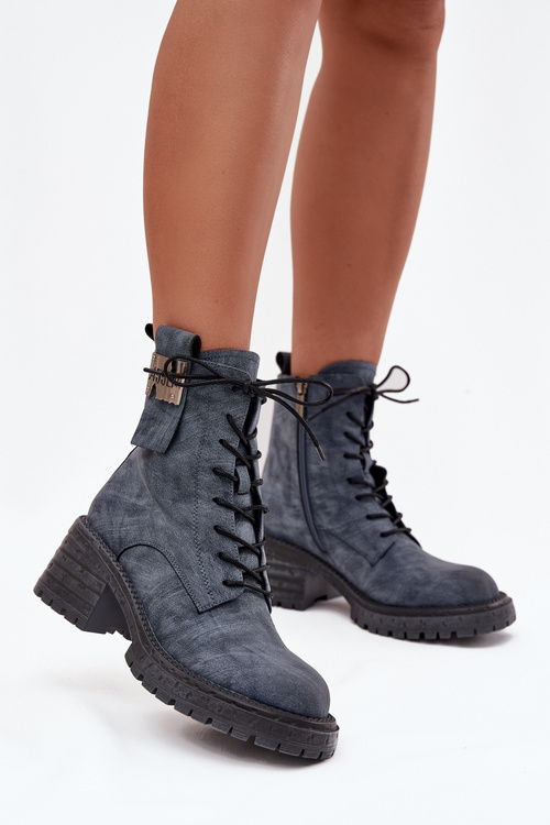 Skórzane Botki Workery Damskie Na Klocku Z Ozdobnym Detalem Artiker 57C0212 Niebieskie