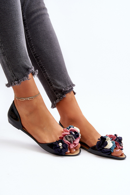 Baleriny Damskie Gumowe Z Kwiatami Czarne Junikla