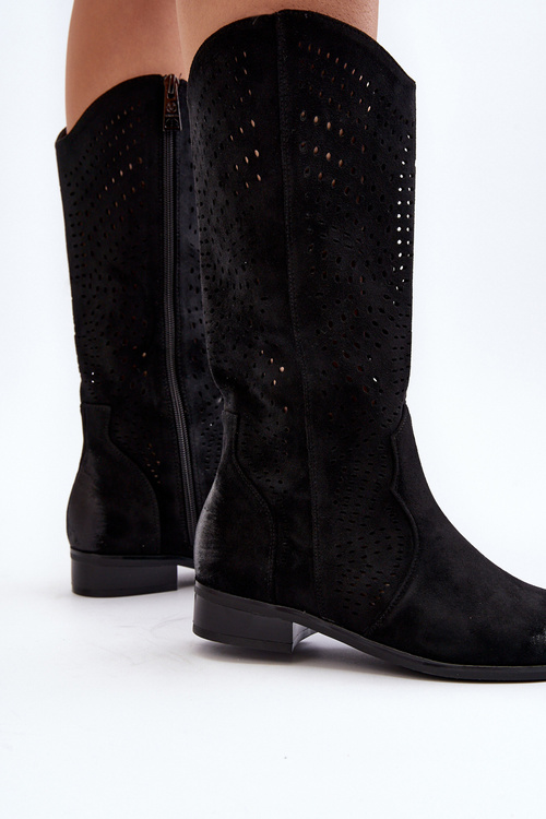 Ażurowe Kozaki Do Połowy Łydki Czarne Kleorelia