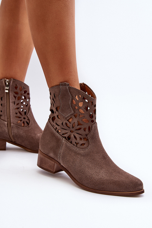 Zazoo 3404 Ażurowe Botki Kowbojki Na Niskim Obcasie Zamszowe Brązowe
