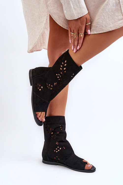 Zazoo 3437 Damskie Zamszowe Sandały Z Cholewką Na Zamek Czarne