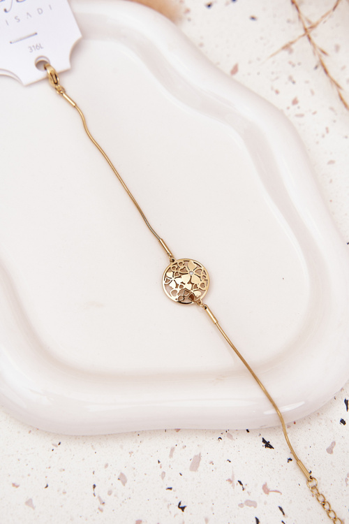 Bransoletka Damska Z Zawieszką Kółko Z Kwiatuszkami Złota