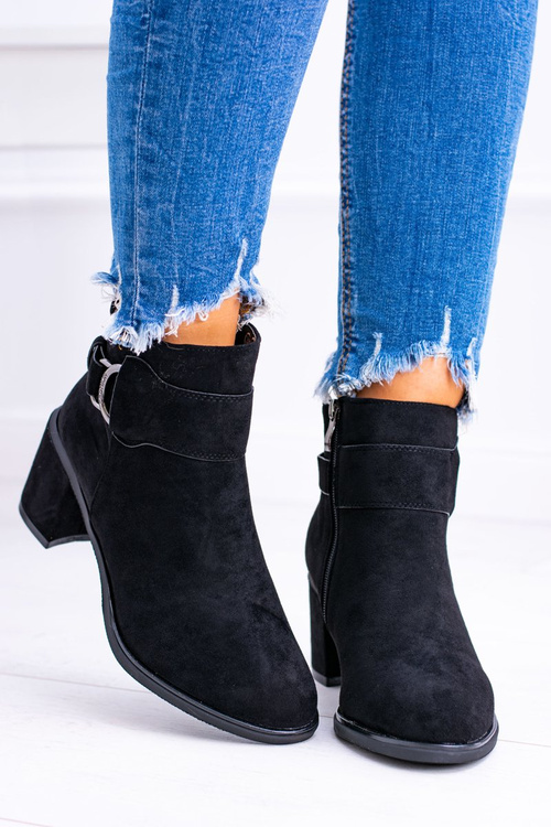 Damskie Czarne Botki Na Słupku Z Klamrą Zamsz Evoret