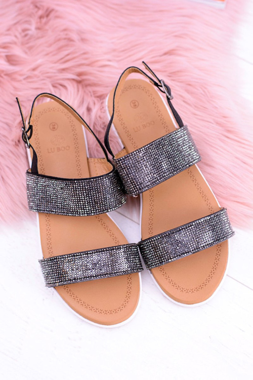 Lu Boo Damskie Czarne Sandały Z Cyrkoniami Perfect