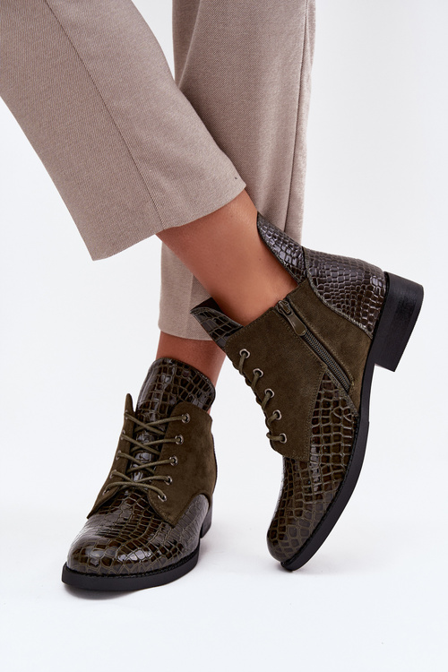 Lakierowane Botki Damskie Z Ozdobnym Tłoczeniem Ocieplane Vinceza 16477 Ciemnozielone