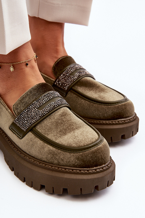 Damskie Welurowe Mokasyny Z Ozdobą Ciemnozielone Wendreda