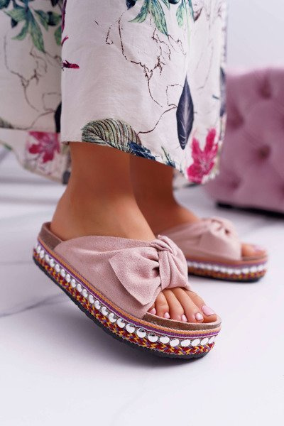 Klapki Damskie Z Kokardami Gruba Podeszwa Różowe Milady