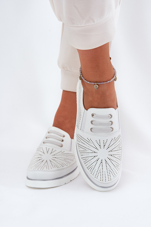 Półbuty Damskie Wsuwane Ażurowe Białe Azethia