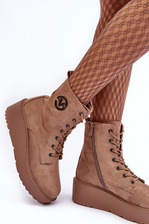 Zamszowe Botki Workery Na Masywnej Platformie Koturnie Beżowe Lavica