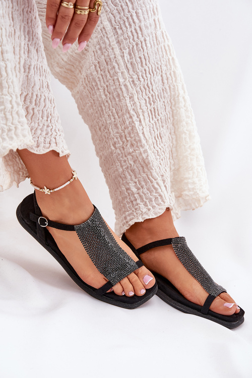 Płaskie Eleganckie Sandały Damskie Z Kryształkami Artiker 56C1370 Czarne