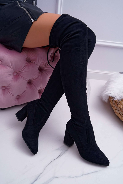 Kozaki Damskie Na Słupku Zamszowe Czarne Bernet