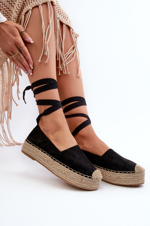 Espadryle Damskie Wiązane Na Platformie Z Plecionką Czarne Tailesse