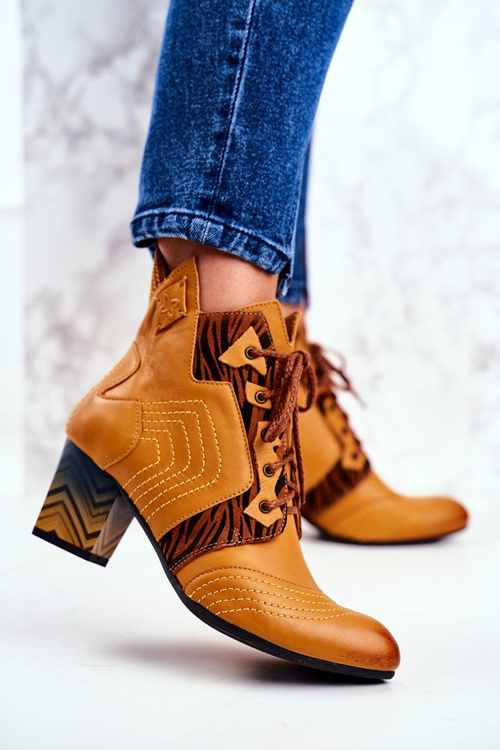 Botki Damskie Skórzane Trzewiki Maciejka Żółte 03194