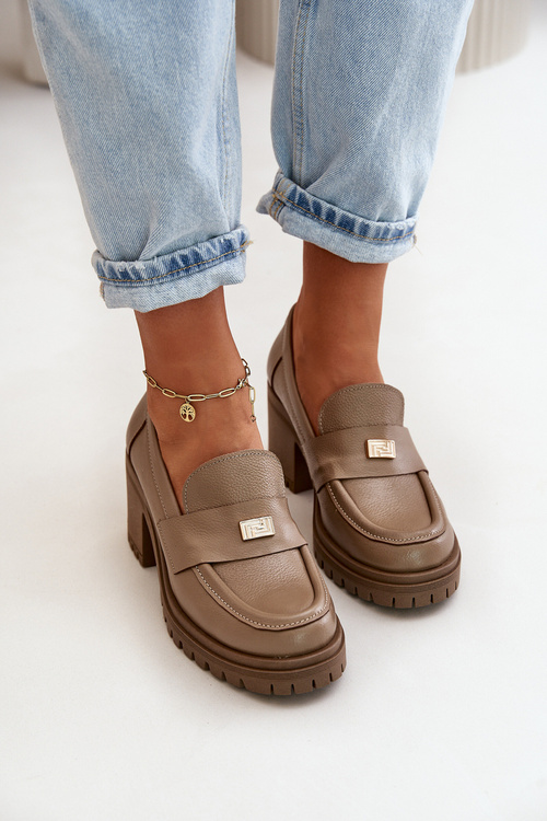 Zazoo 20168 Eleganckie Półbuty Damskie Na Słupku Skóra Naturalna Ciemnobeżowe