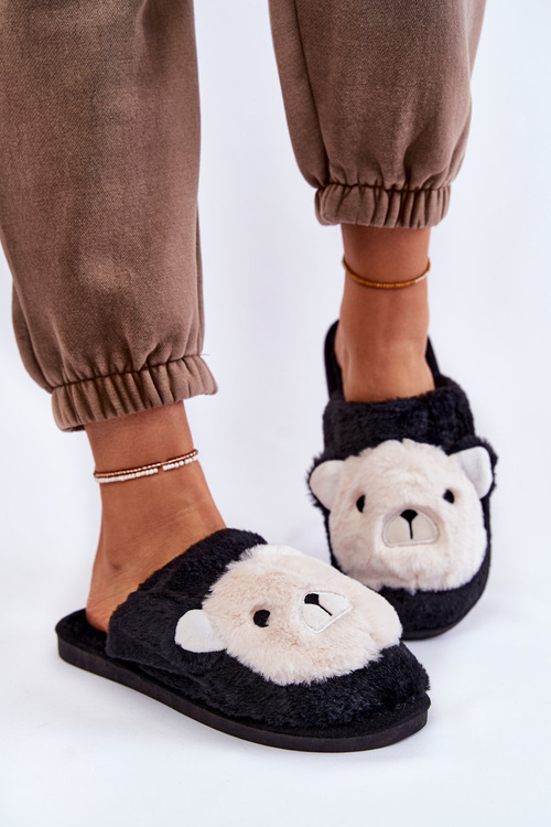 Damskie Futrzane Papcie Z Misiem Czarne Solly