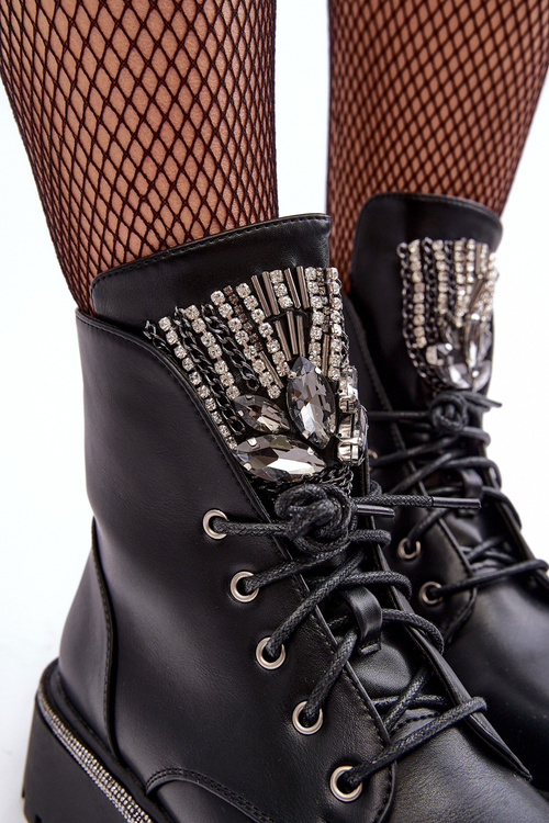 Niskie Botki Workery Z Biżuteryjną Ozdobą Czarne Melenope