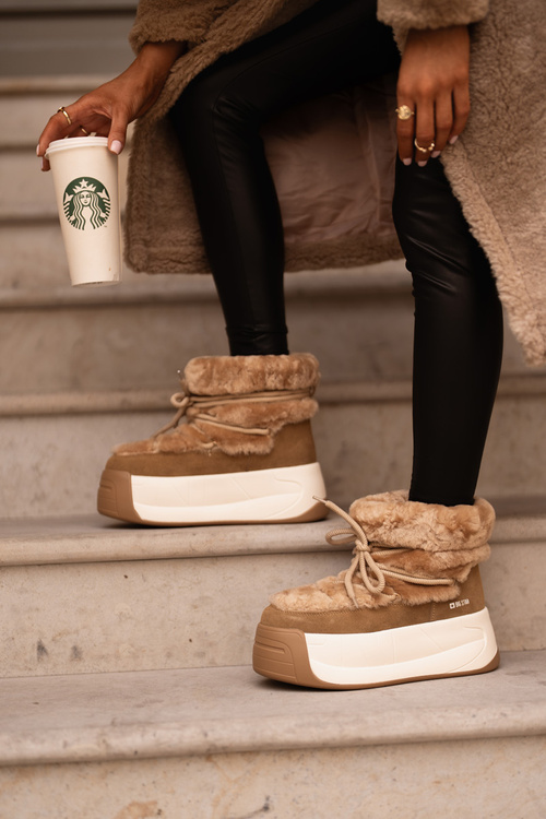 Skórzane Śniegowce Damskie Na Grubej Podeszwie Z Futerkiem Big Star OO274A207 Brązowe