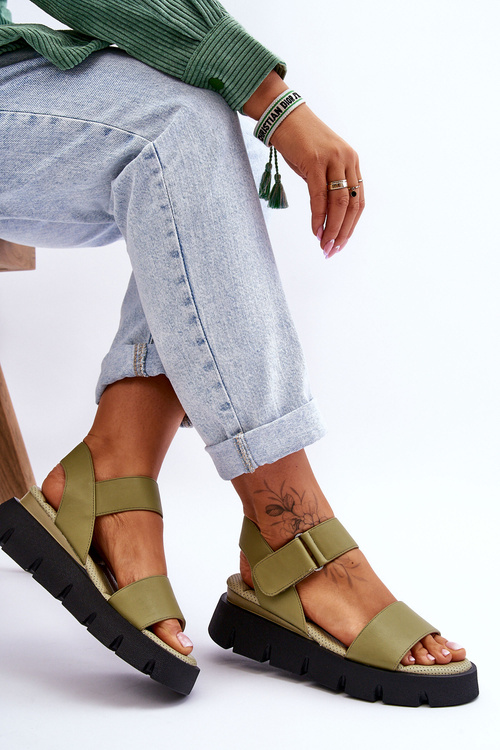 Damskie Skórzane Sandały Na Platformie Zielone Katte