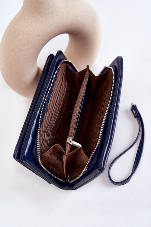 Damski Duży Skórzany Portfel Na Zamek Granatowy Shiness