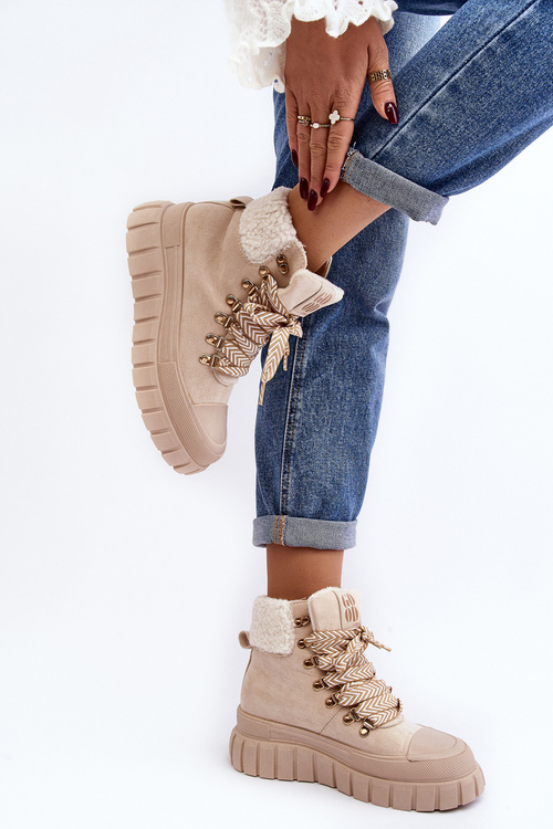 Ocieplane Botki Trapery Na Grubej Podeszwie Jasnobeżowe Ralotta