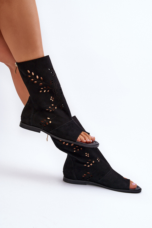 Zazoo 3437 Damskie Zamszowe Sandały Z Cholewką Na Zamek Czarne