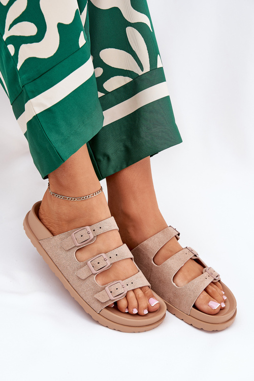 Klapki Damskie Z Paskami I Klamrami Beżowe Uliri