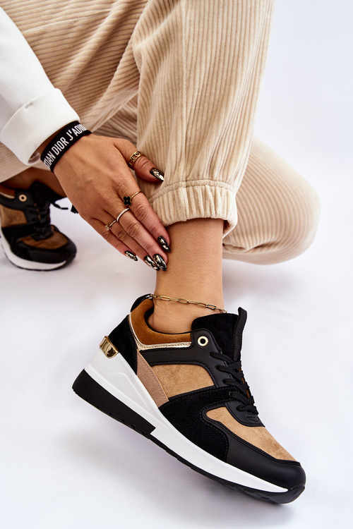 Klasyczne Sneakersy Na Koturnie Beżowo-Czarne Collide