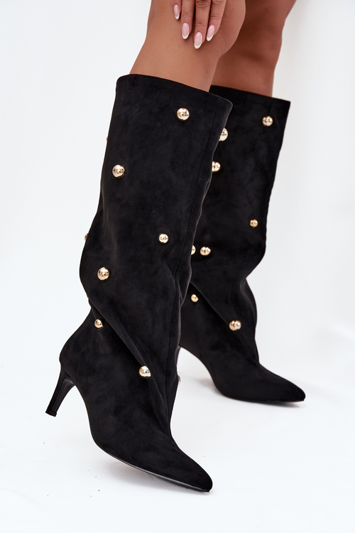 Wsuwane Kozaki Damskie Na Szpilce Ze Złotymi Ozdobami Czarne Thaliane