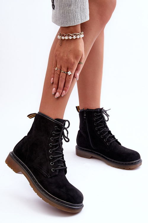 Zamszowe Botki Workery Na Płaskim Obcasie Czarne Asteoris