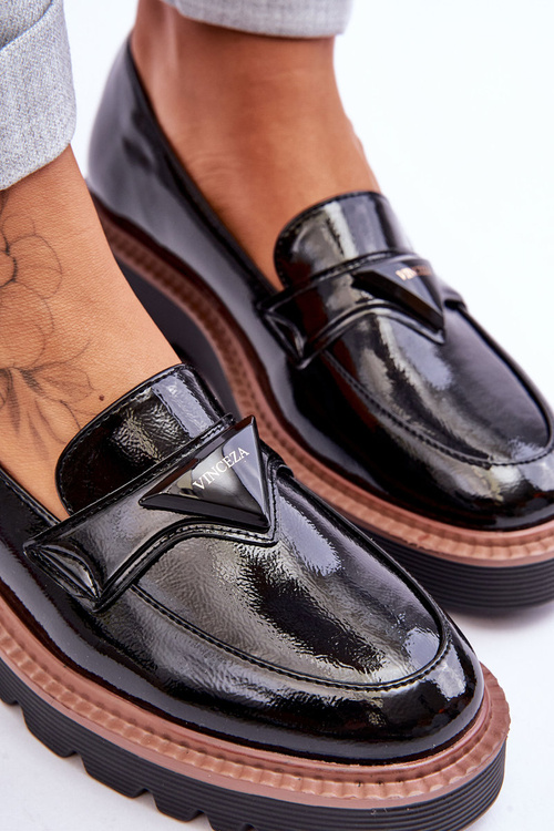 Lakierowane Damskie Mokasyny Na Platformie Z Ozdobą Czarne Jonett