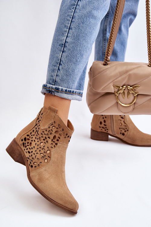 Damskie Ażurowe Botki Lewski Shoes 2909 Ciemnobeżowe