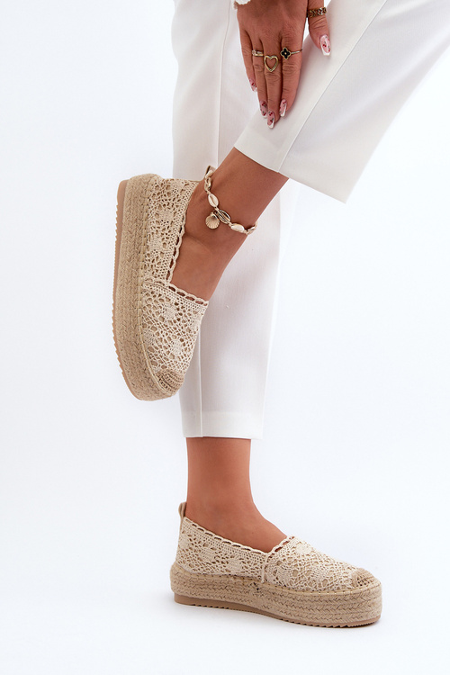 Espadryle Damskie Koronkowe Na Platformie Beżowe Elarose