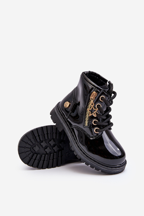 Botki Dziewczęce Lakierowane Na Suwak Ocieplane Czarne Felori