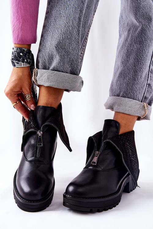 Skórzane Botki Na Obcasie Czarne Challonte