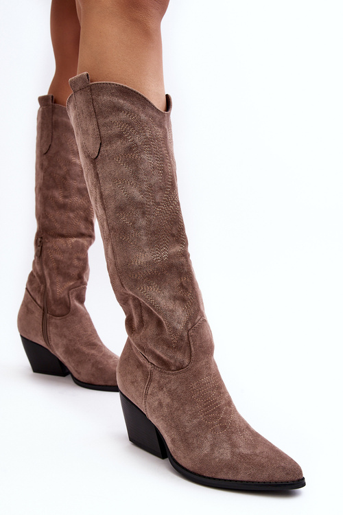 Damskie Kozaki Kowbojki Na Słupku Ciemnobeżowe Sloana