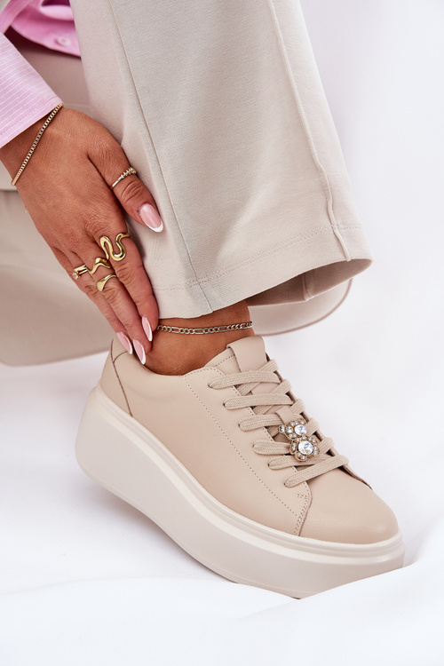 Skórzane Buty Sportowe Damskie Na Platformie Z Przypinką Vinceza 39922 Beżowe