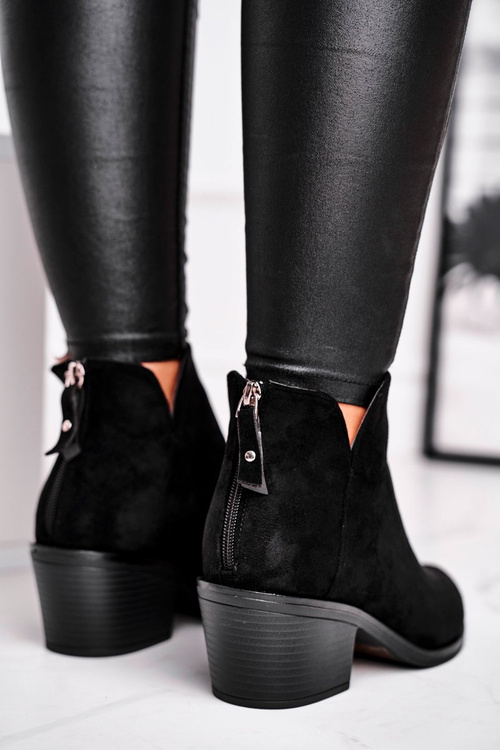 Botki Damskie Płaski Obcas Ocieplane Jesienne Czarne Milky